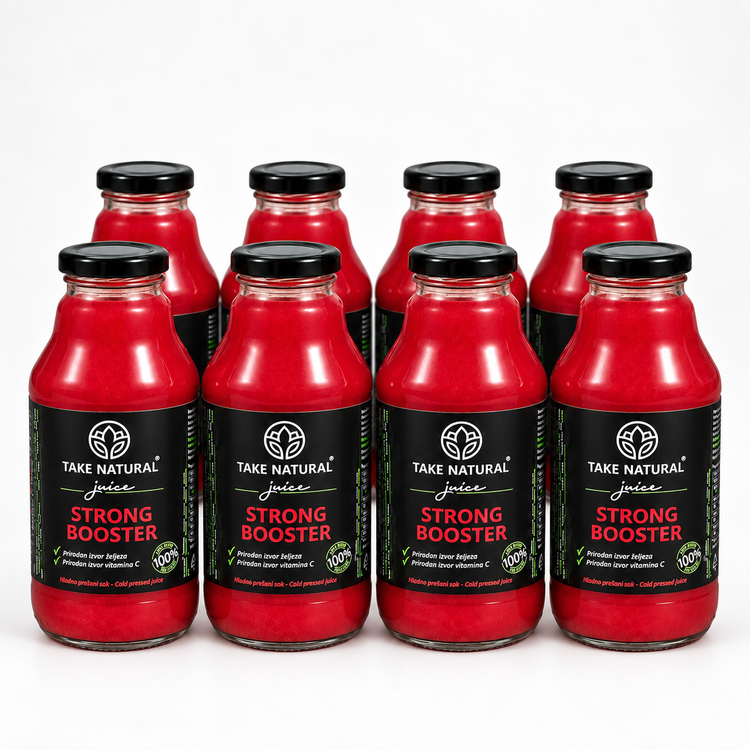 TAKE NATURAL – STRONG BOOSTER hladno prešani sok – paket 8 × 330 ml